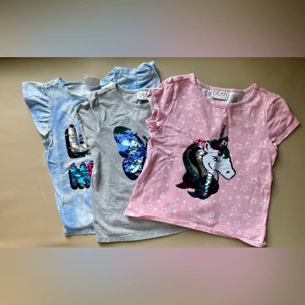 Lot of 3 Kids Unicorn, Butterfly Magic Changing Sequins Tee Shirts Size 7/8,
